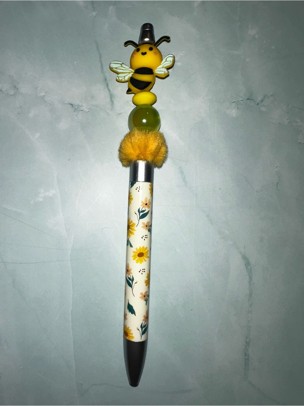 Yellow Bee Floral Ballpoint Pen with Pom Topper